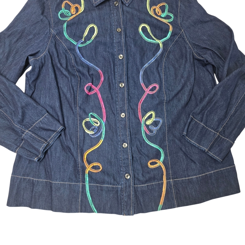 KORET Denim Top Embroidered Long Sleeve Shirt Top Size 16 W Women’s Blue - Picture 3 of 9